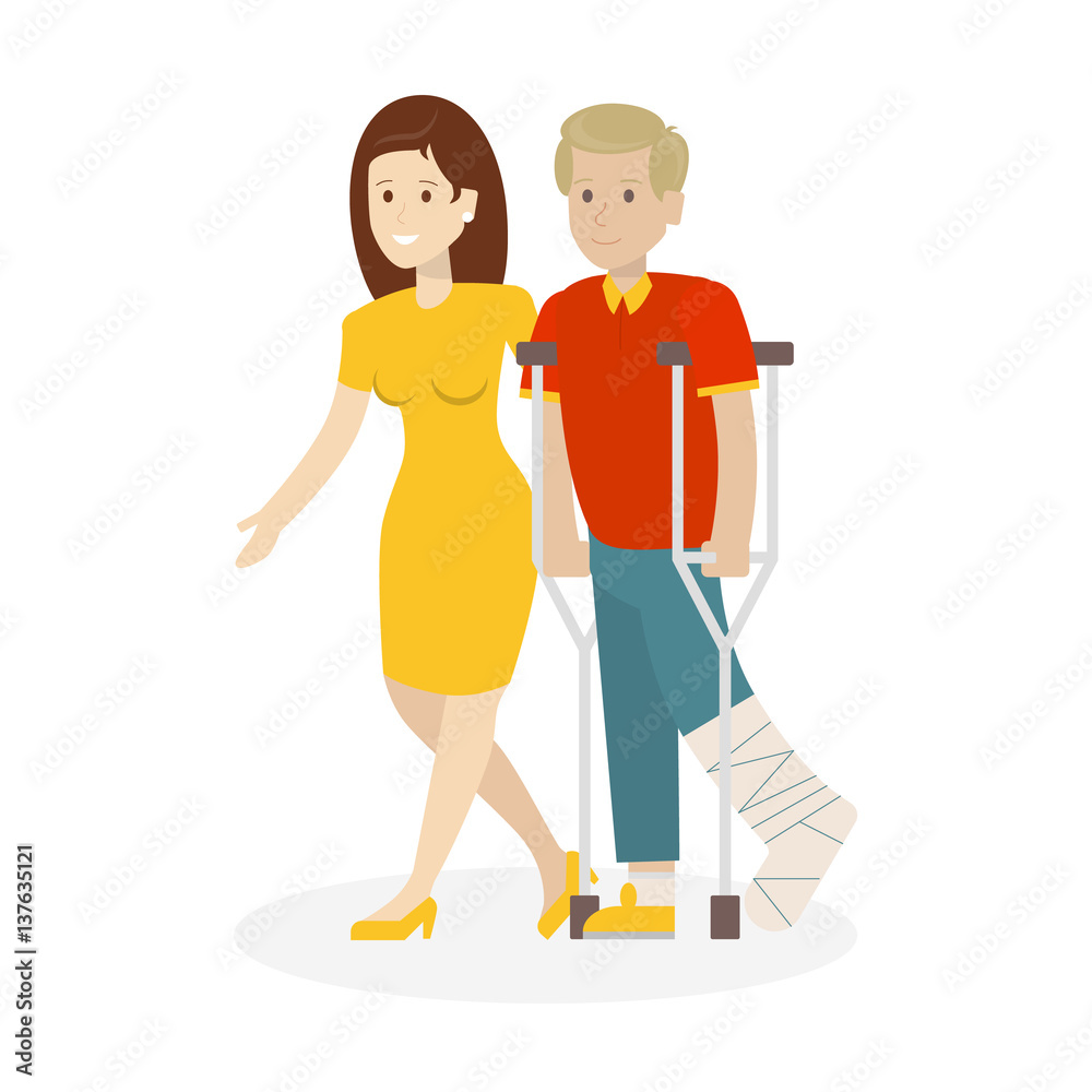 Disabled with helper. woman helps man with crutches. Leg in plaster. Disabled with helper. woman helps man with crutches. Leg in plaster.