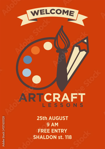Invitation card to art craft lesson with logo emblem and address