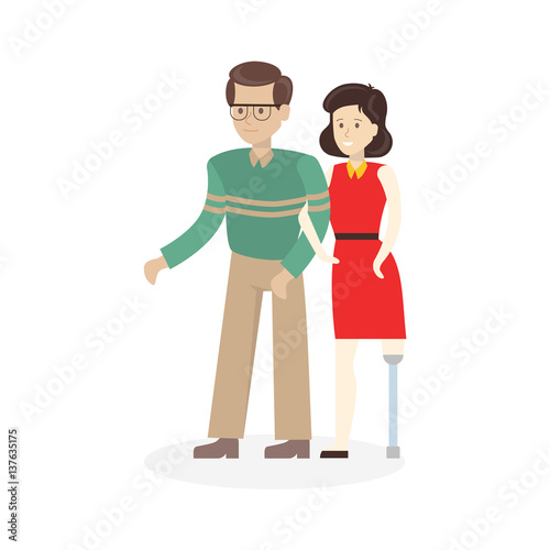 Disabled with helper. Man helps one-legged woman with prothesis.