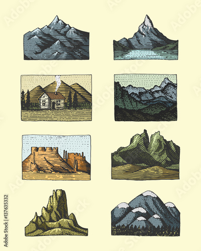 set of engraved vintage, hand drawn, old, labels or badges for camping, hiking, hunting with mountain peaks, from south to north