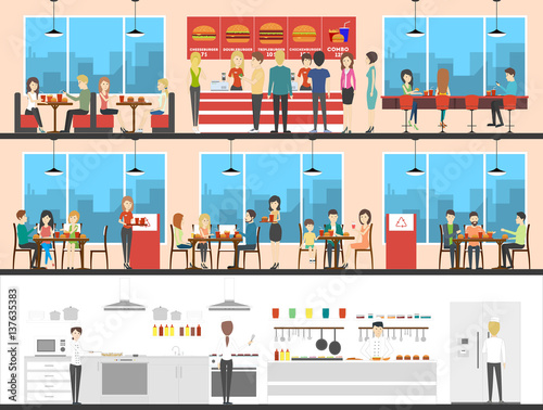 Fast food interior set with visitors, menu and kitchen. Burgers and drinks. Chefs making fries.