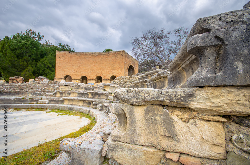 Ancient Odeon in Gortyn. Messara Plain, Crete, Greece. Gortyn, Gortys or Gortyna is a archaeological site on the Mediterranean island of Crete, UNESCO tentative list