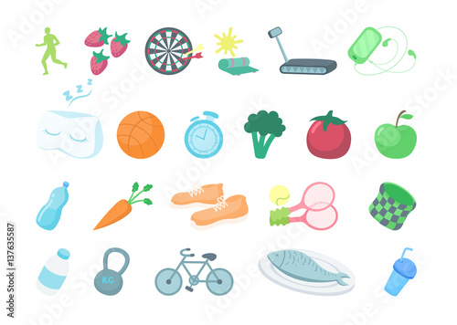 Healthy lifestyle icons set on white background. Apples, water, bycicle and more.