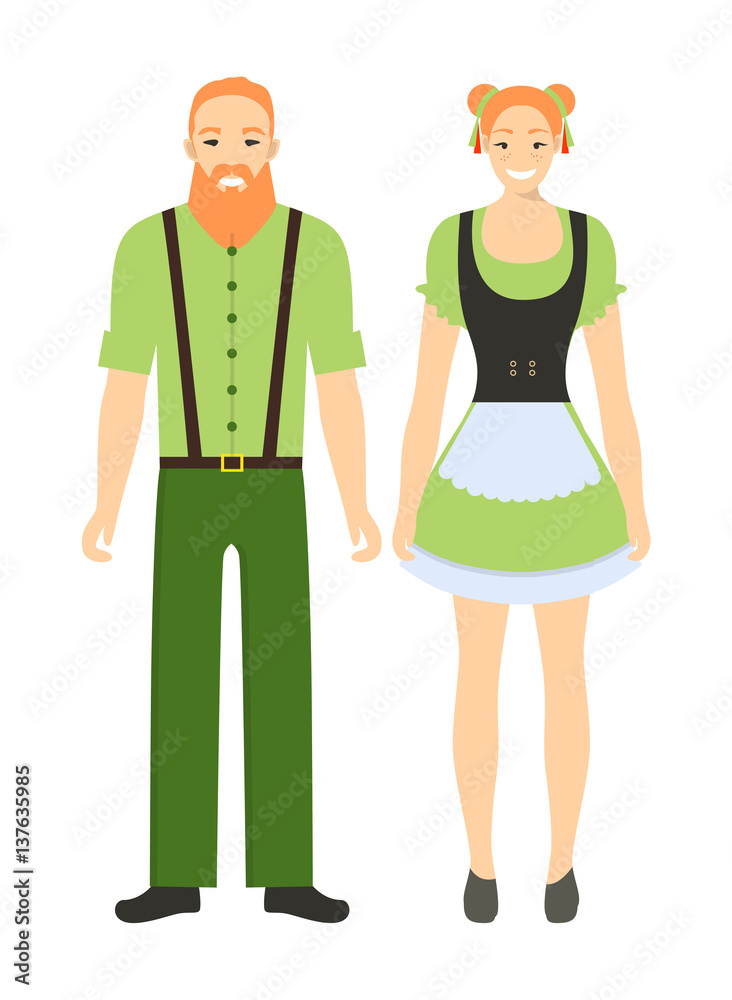 Isolated irish couple on white background. Man and woman in traditional clothes. People from Ireland.