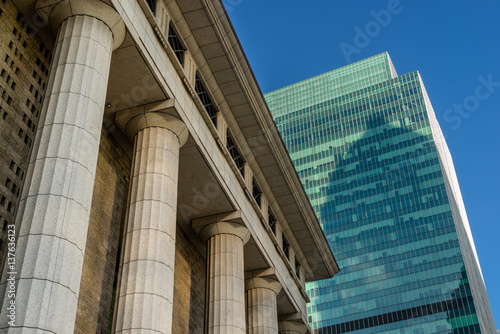 Photography Grey marble column details on building in Shanghai,China.