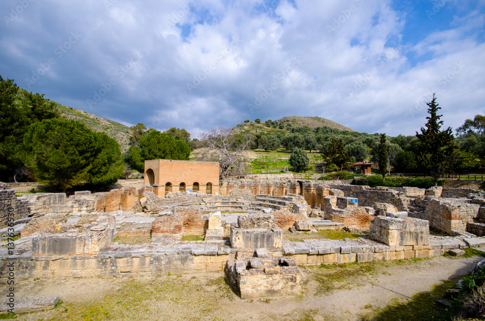 Ancient Odeon in Gortyn. Messara Plain, Crete, Greece. Gortyn, Gortys or Gortyna is a archaeological site on the Mediterranean island of Crete, UNESCO tentative list