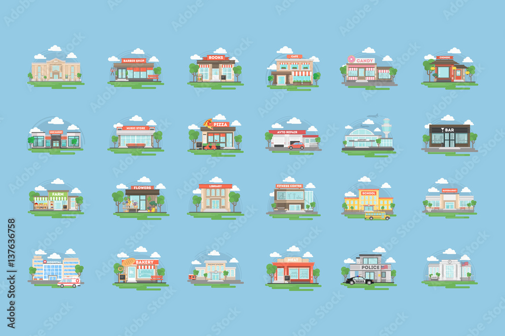 City buildings set. All kinds of buildings and organisations as bank and bar, barber shop and cafe, school and library and more.