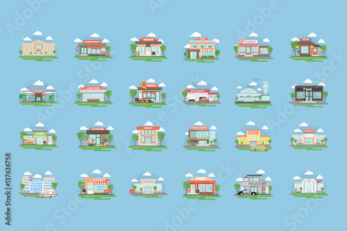 City buildings set. All kinds of buildings and organisations as bank and bar, barber shop and cafe, school and library and more.