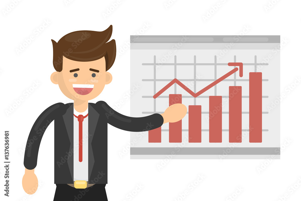 Happy businessman with chart on white background. Chart up. Concept of success, idea and growth. Happy businessman with chart on white background. Chart up. Concept of success, idea and growth.