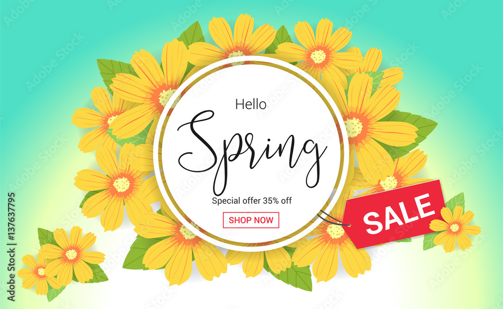 Hello spring season time, sales season banner or poster with colorful blossom flower