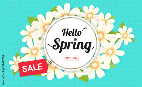 Hello spring season time, sales season banner or poster with colorful blossom flower