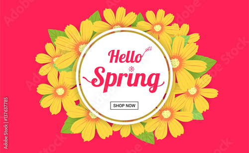 Hello spring season time, sales season banner or poster with colorful blossom flower