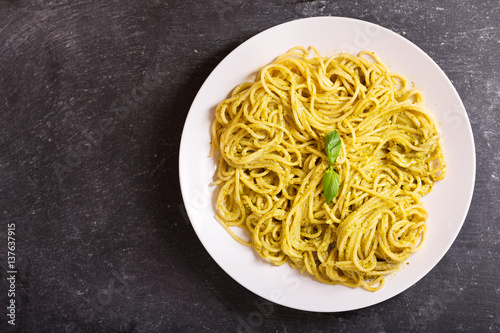 plate of pasta with pesto sauce