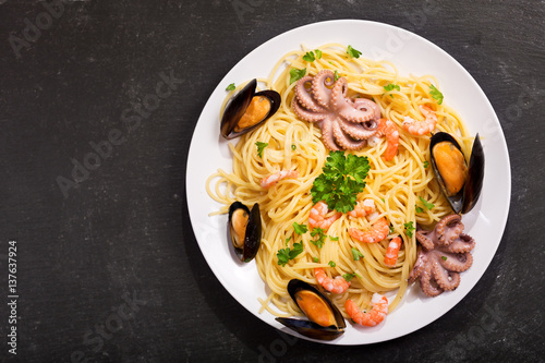 plate of pasta with seafood