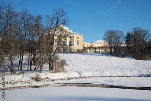 Sunny winter day in Pavlovsk palace park. Vicinities of St. Petersburg, Russia