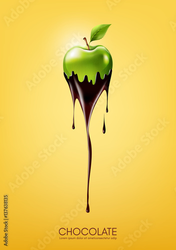 Green apple dipped in melting dark chocolate, fruit, fondue recipe concept, transparent, Vector