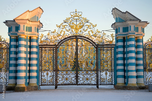 Ceremonial gate of Catherine Palace close up in the February evening. Tsarskoye Selo