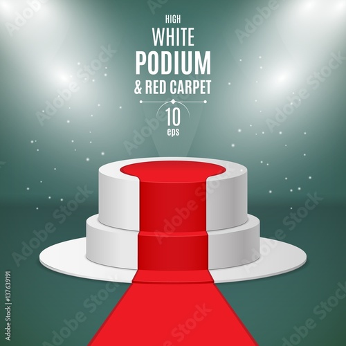 Illuminated stage 3d high podium with red carpet for award ceremony. Empty template for winers. Isolated vector illustration photo