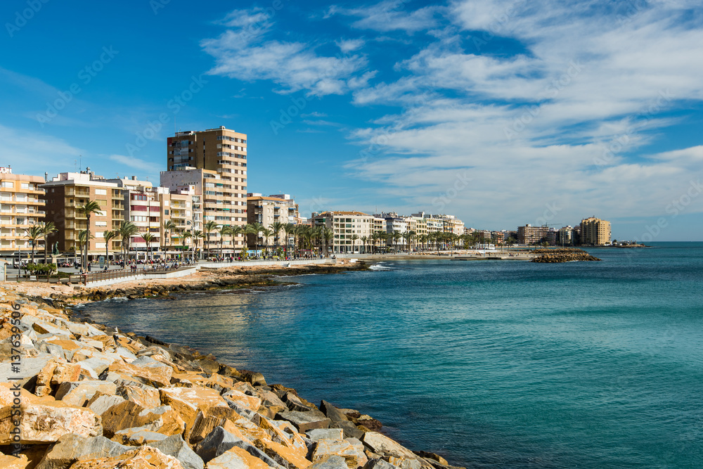 Fototapeta premium Beach and cityscape of Torrevieja,Spain