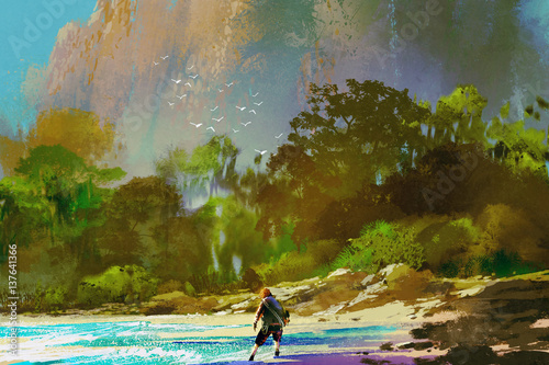 the castaway man standing on island beach,illustration painting photo