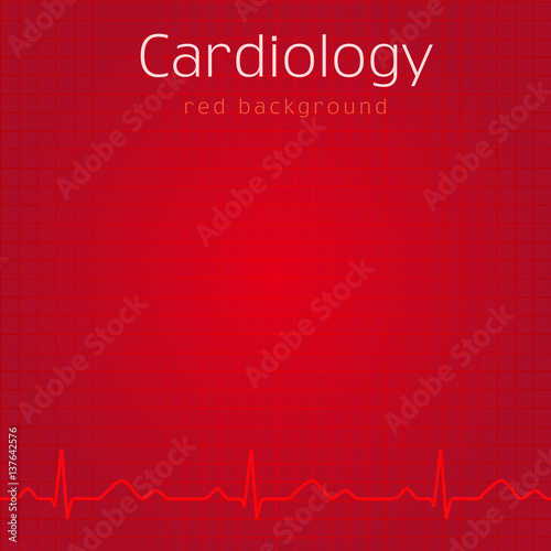 Medical red background. Outpatient card cover design or presentation's slide. Icons idea for hospitals, tests, clinics, pharmacies. Vector cardio waves. Heartbeats graph.