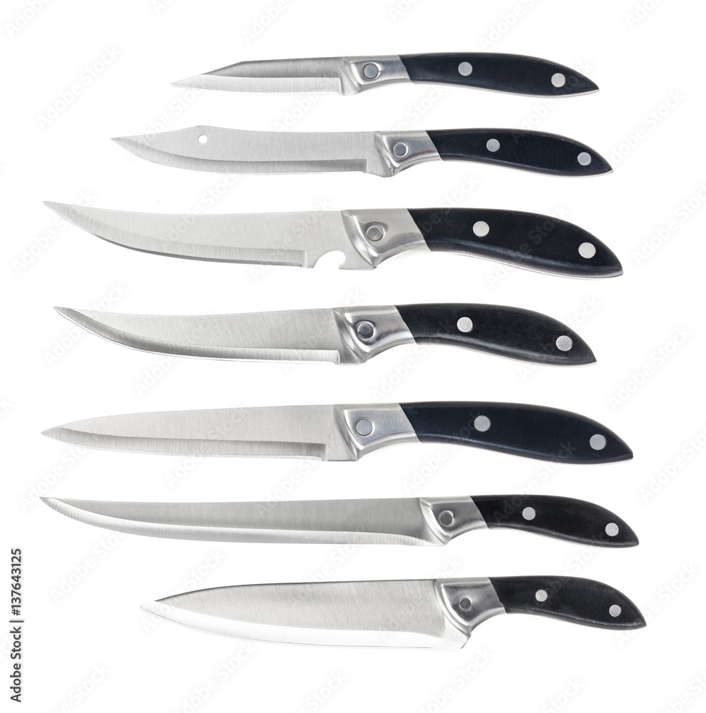 Obraz premium Collection of kitchen knives isolated on white background