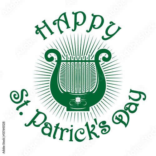 Happy St. Patrick's Day. Green lyre icon isolated on white background. Lyre with the image of four-leaf clover. St. Patrick's Day celebration symbol. Vector greeting card for St. Patrick's Day