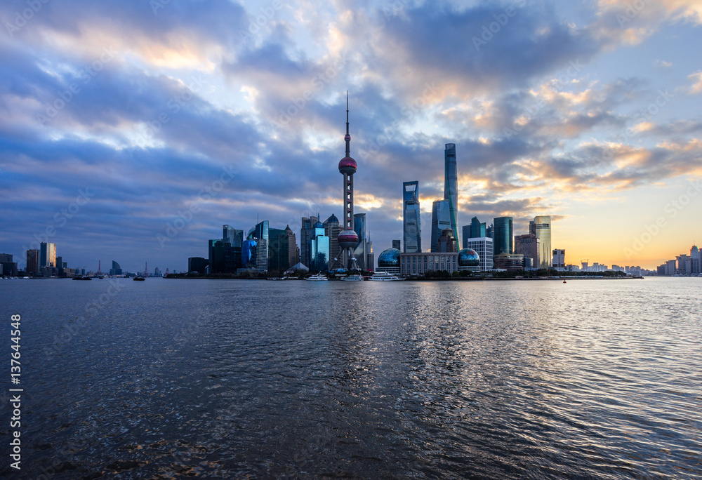 Shanghai skyline,landmarks of Shanghai with Huangpu river in China.