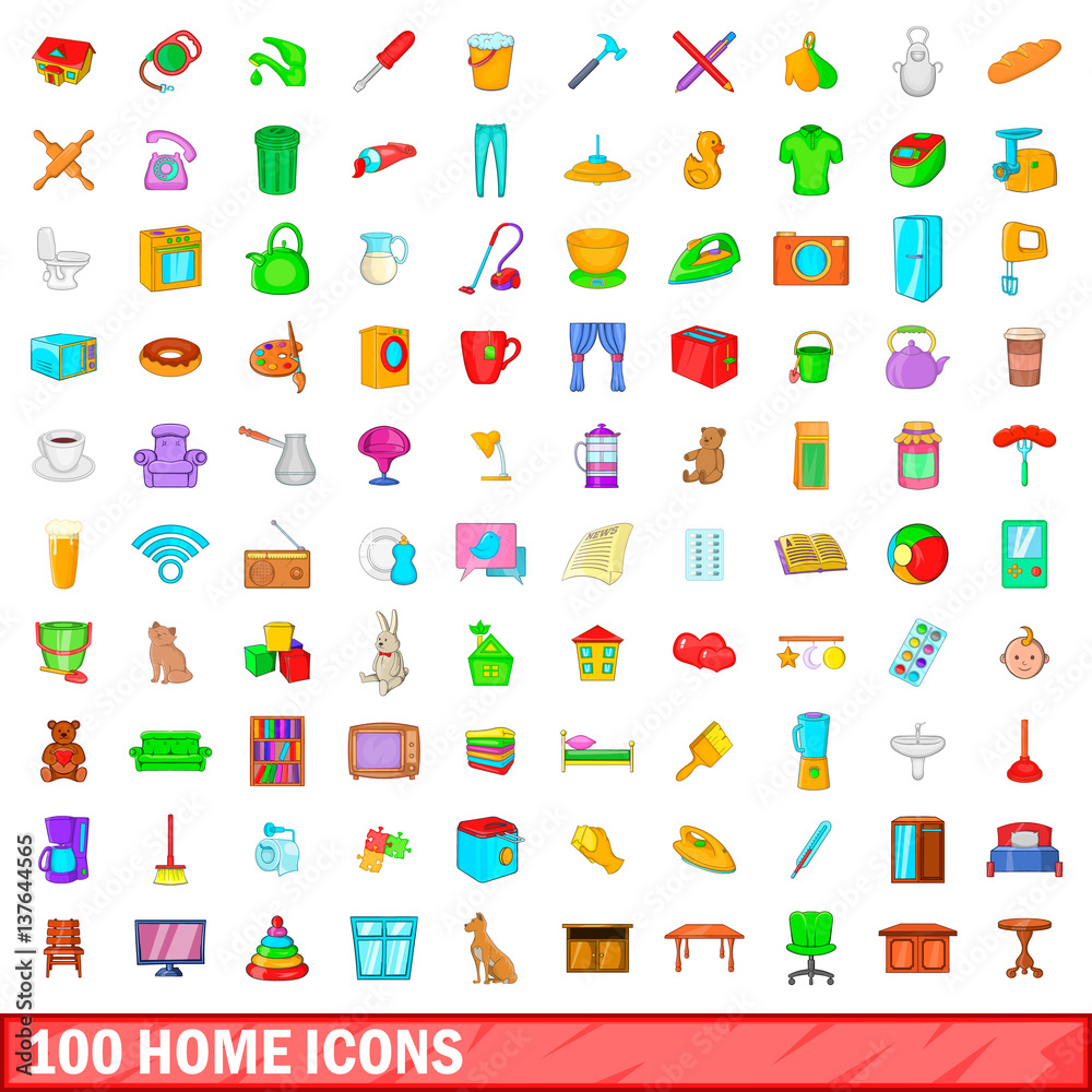 100 home icons set, cartoon style 100 home icons set, cartoon style