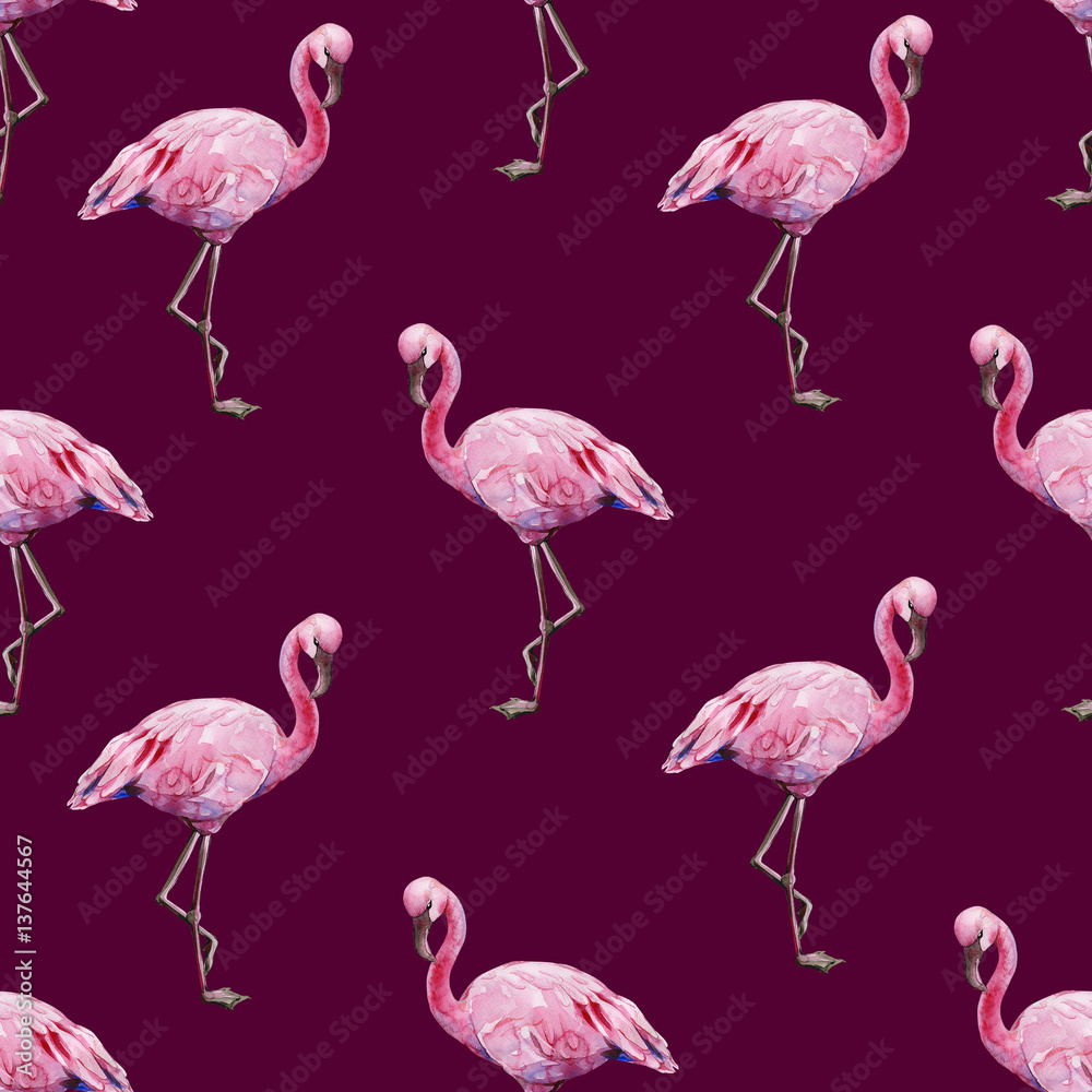Obraz premium Seamless watercolor illustration of tropical pink flamingo birds. Trendy pattern with tropic summertime motif. Exotic Hawaii art background. Design for fabric and decor. 