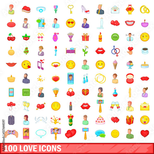 100 love icons set, cartoon style