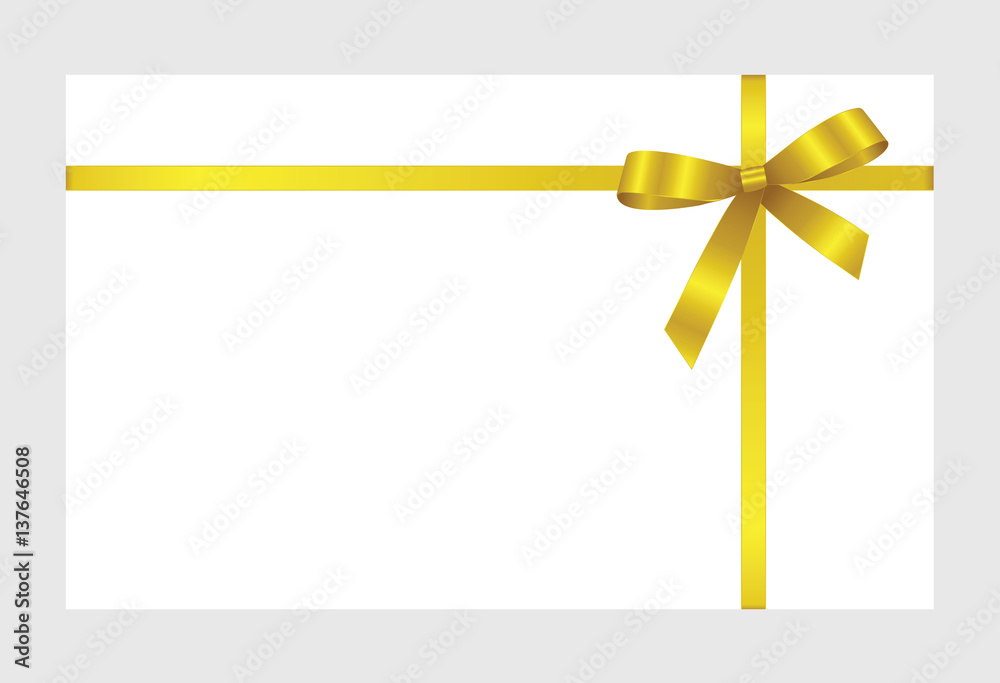 Gift Card With Golden Satin Ribbon And Shiny Golden Satin Bow Isolated on white background. Gift Voucher Template. Vector image. Gift Card With Golden Satin Ribbon And Shiny Golden Satin Bow Isolated on white background. Gift Voucher Template. Vector image.