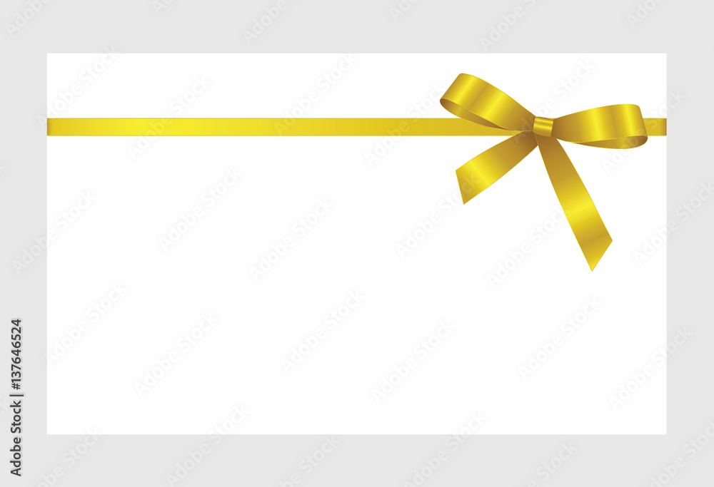 Gift Card With Golden Satin Ribbon And Shiny Golden Satin Bow Isolated on white background. Gift Voucher Template. Vector image. Gift Card With Golden Satin Ribbon And Shiny Golden Satin Bow Isolated on white background. Gift Voucher Template. Vector image.