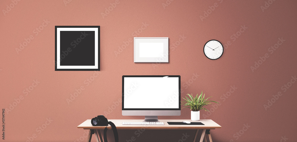 Computer display and office tools on desk. Desktop computer screen isolated. Modern creative workspace background. Front view Computer display and office tools on desk. Desktop computer screen isolated. Modern creative workspace background. Front view