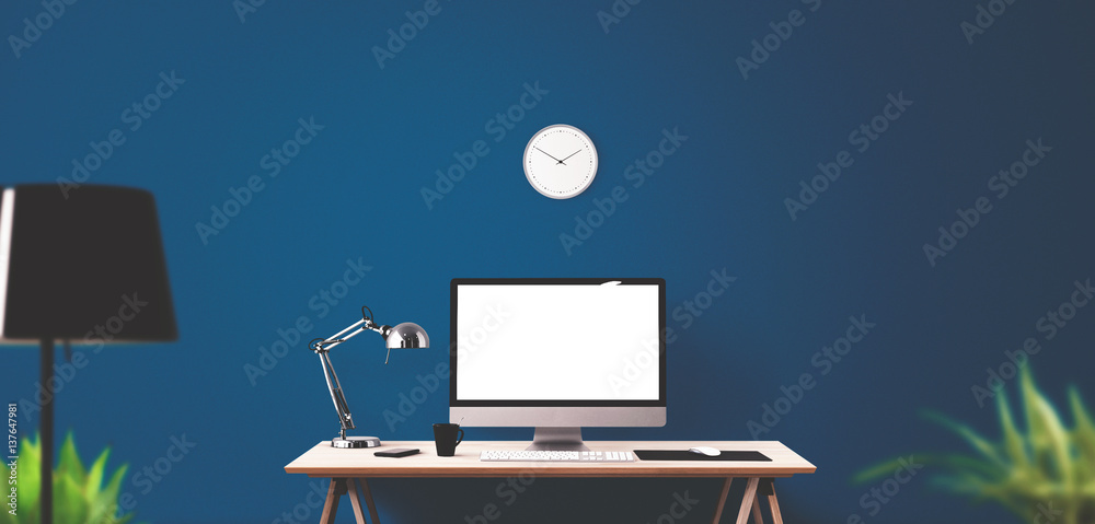 Computer display and office tools on desk. Desktop computer screen ...