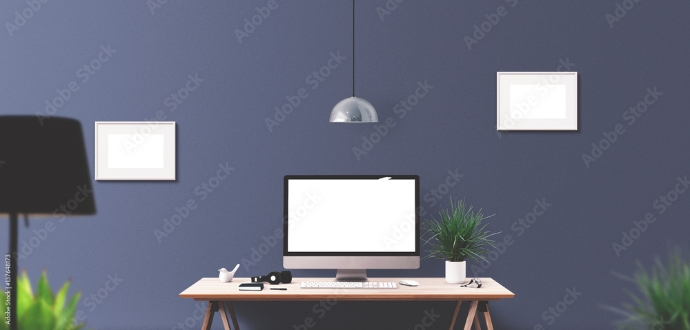 Computer display and office tools on desk. Desktop computer screen isolated. Modern creative workspace background. Front view Computer display and office tools on desk. Desktop computer screen isolated. Modern creative workspace background. Front view