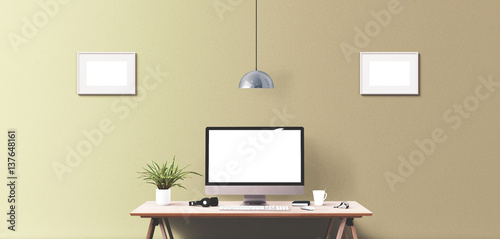 Computer display and office tools on desk. Desktop computer screen isolated. Modern creative workspace background. Front view