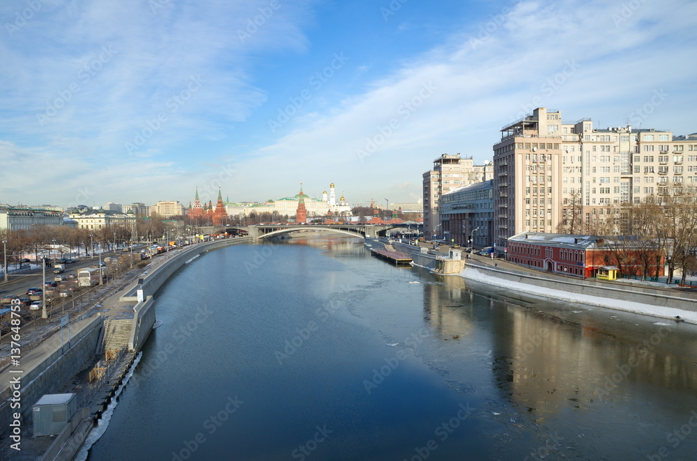 Moscow, Russia - February 16, 2017: Winter view of the Kremlin, Prechistenskaya and Bersenevskaya embankments