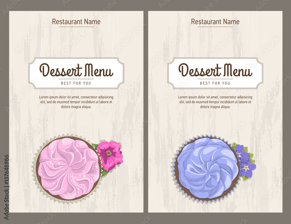 Set vintage restaurant menu design business card templates. Cake with  flower on wooden light background and the inscription, top view. Vector  illustration Stock Vector | Adobe Stock