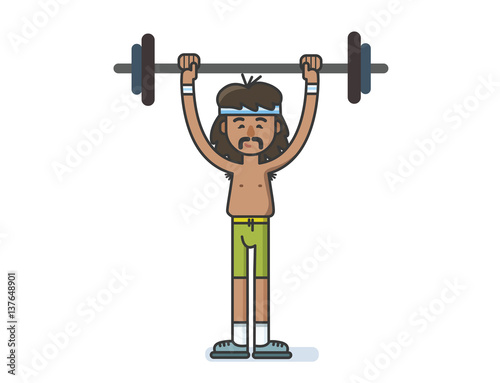 Funny cartoon character sportsman with a barbell. 