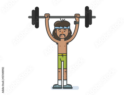 Funny cartoon character sportsman with a barbell. 