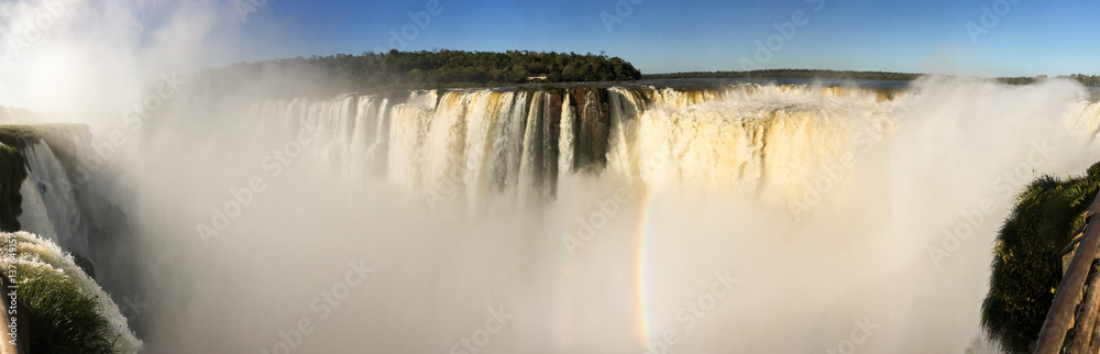 View of the Iguazu (Iguacu) falls, the largest series of waterfalls on the planet, located between Brazil, Argentina, and Paraguay. 