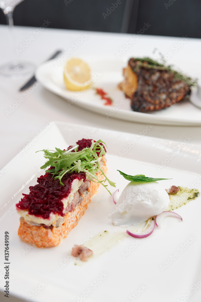 Dressed herring appetizer, Russian cuisine dish Dressed herring appetizer, Russian cuisine dish