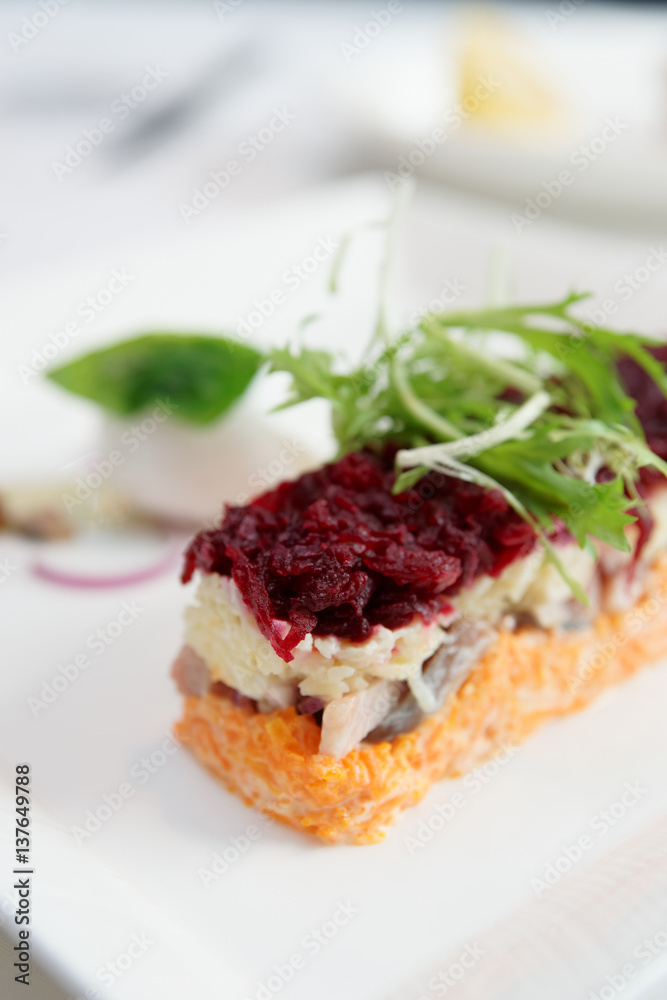 Dressed herring appetizer, Russian cuisine dish Dressed herring appetizer, Russian cuisine dish