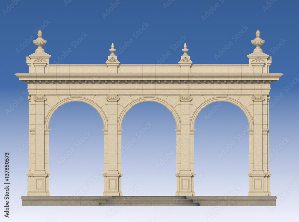 arcade with ionic pilasters in classic style. 3d render