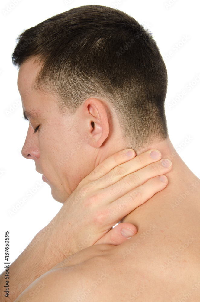 Obraz premium Pain and despair. Sad young guy. Stress and muscle pain. Young man holding neck.