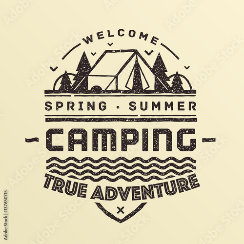 Summer camping emblem in vintage style. Vector illustration.