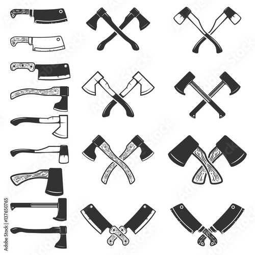 Set of the axe icons isolated on white background. Meat cleaver. Design element for logo, label, emblem, sign, poster. Vector illustration.