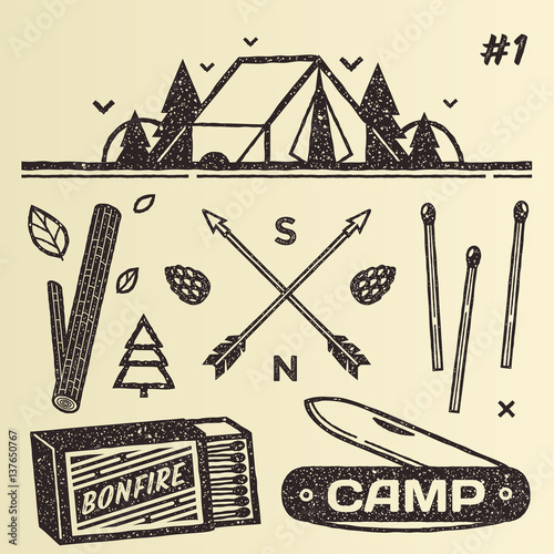Set of hiking and camping symbols and elements in vintage style. Vector illustration