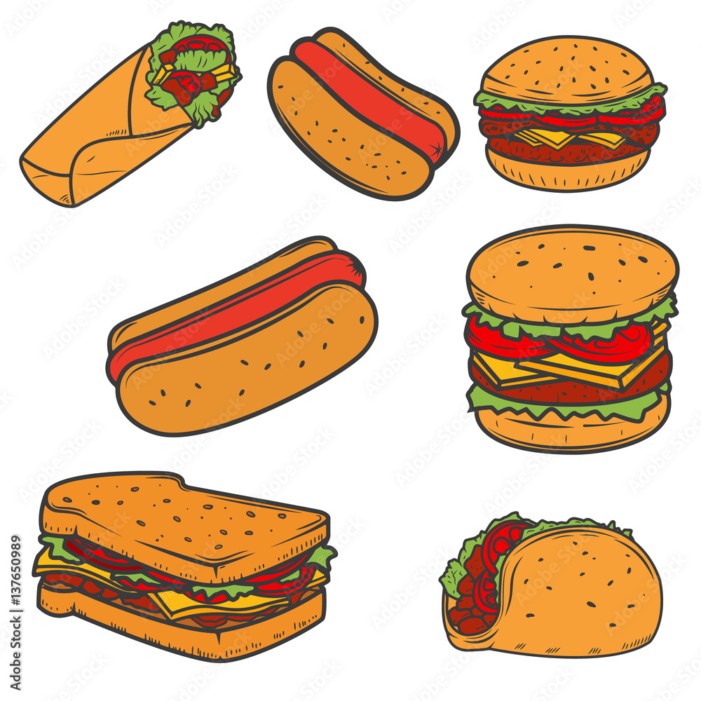 Hot dog, burger, taco, sandwich, burrito .Set of fast food icons ...